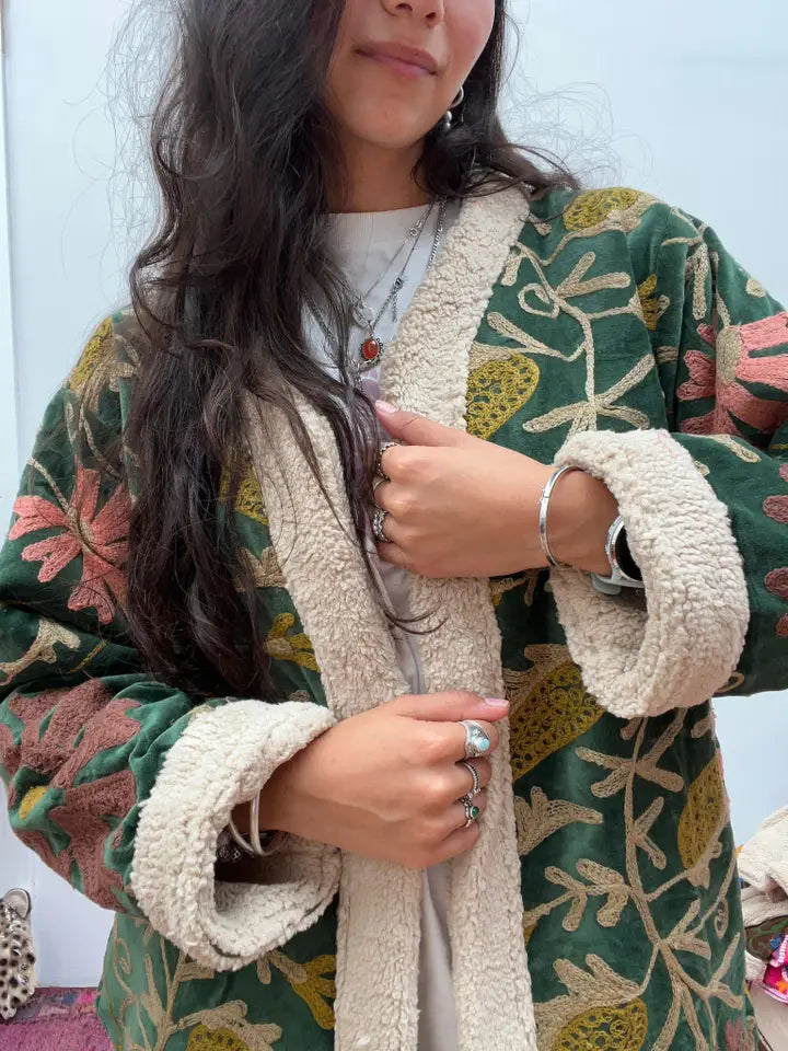 Velvet embroidered floral coat handmade with fur