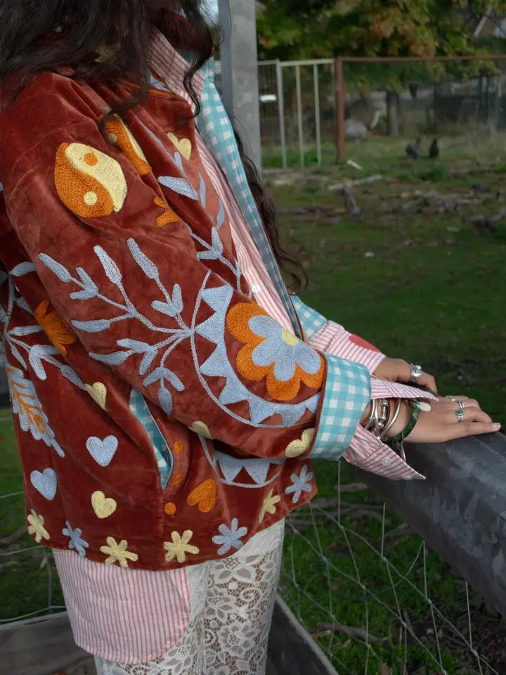 velvet embroidered floral jacket ying yang brick red