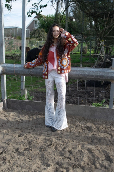 Velvet embroidered floral coat handmade with fur