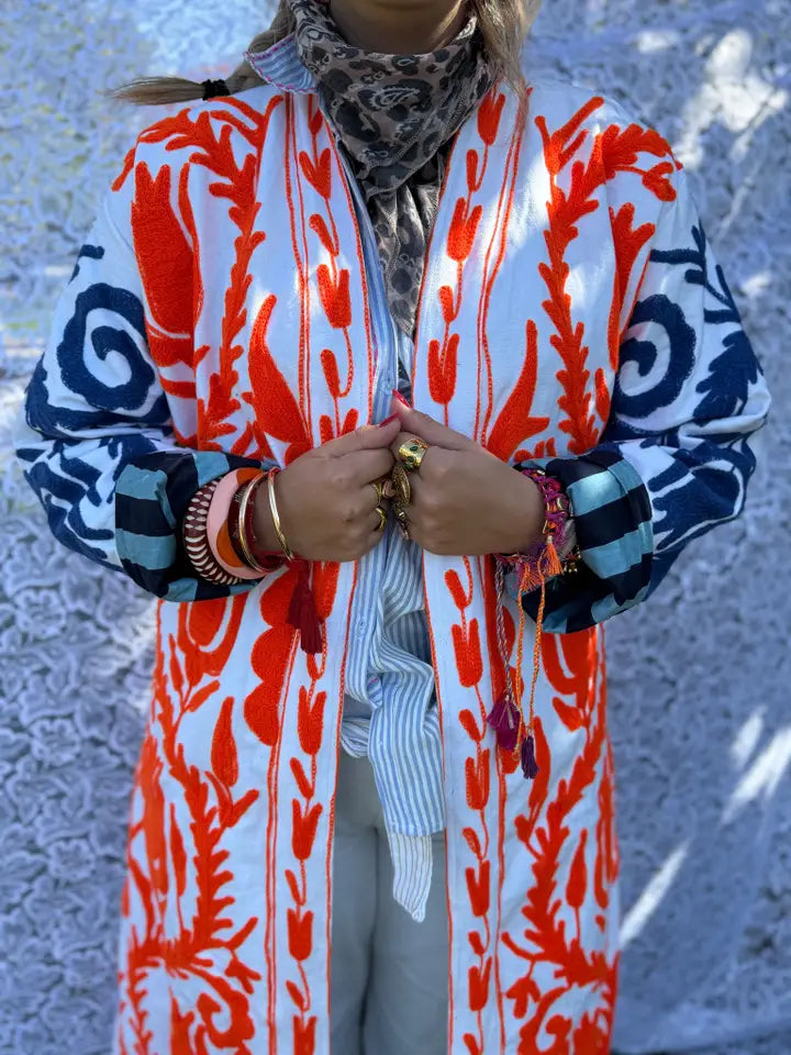 Long cotton embroidered kimono