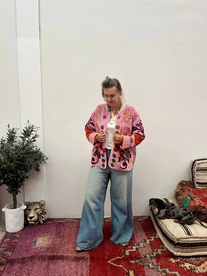 Pink embroidered jacket floral handmade coat