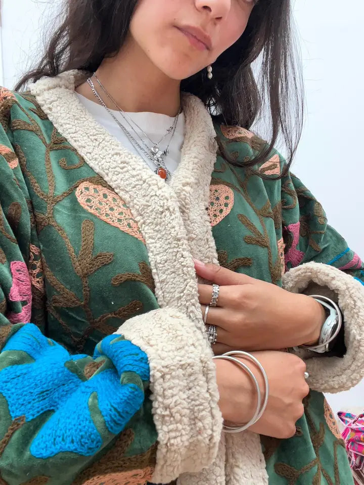 Velvet embroidered floral coat handmade with fur