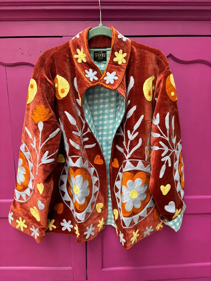 velvet embroidered floral jacket ying yang brick red