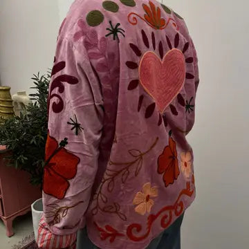 Pink embroidered jacket floral handmade coat