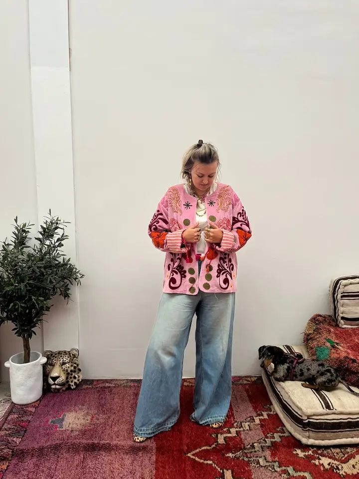 Pink embroidered jacket floral handmade coat