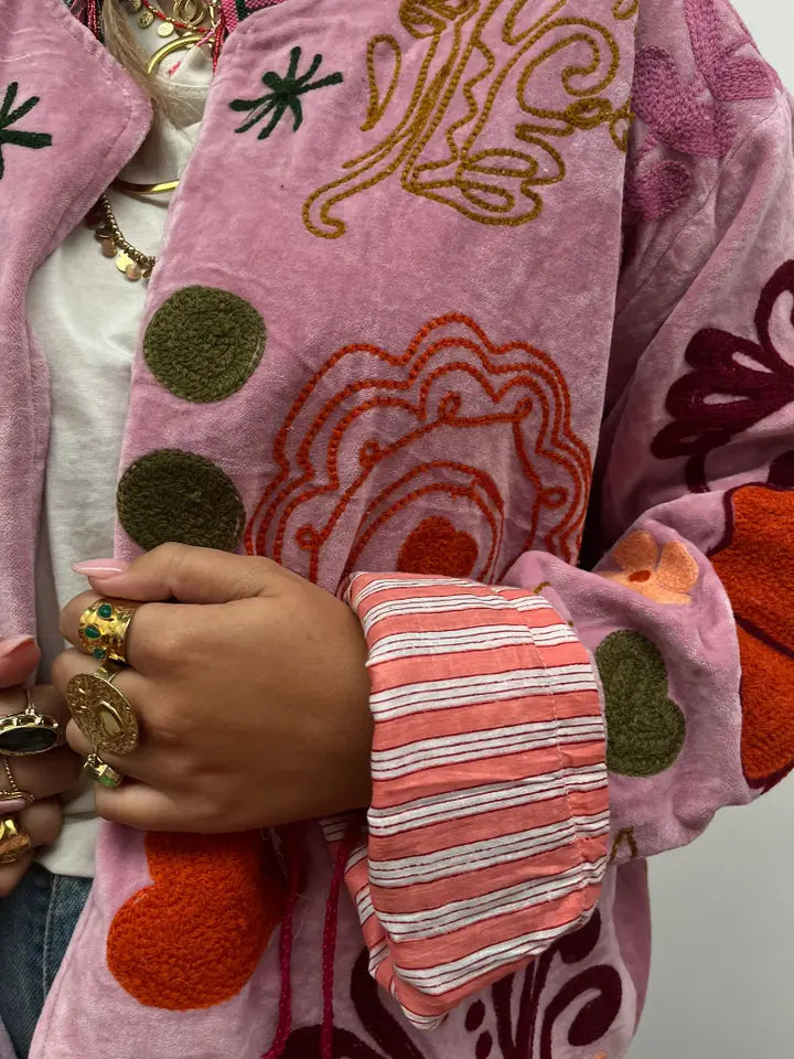 Pink embroidered jacket floral handmade coat