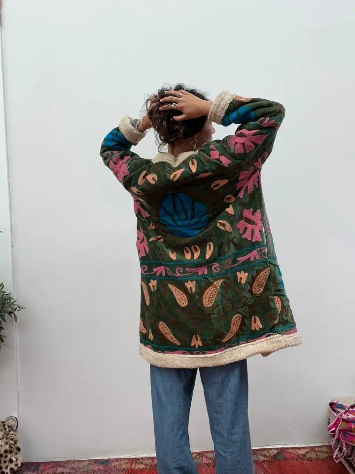 Velvet embroidered floral coat handmade with fur