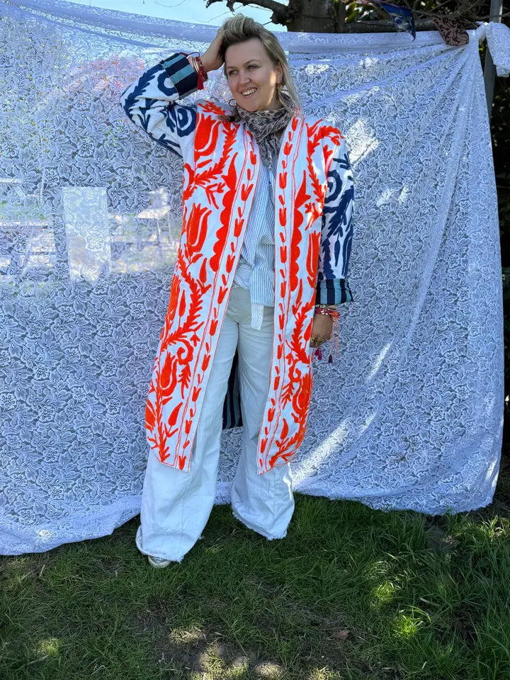 Long cotton embroidered kimono