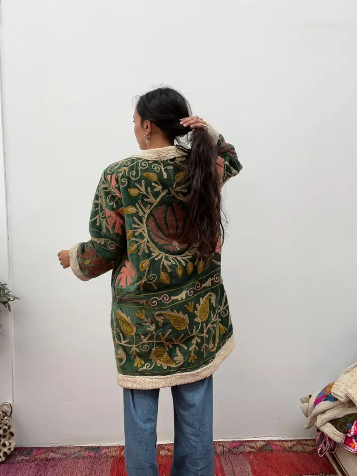 Velvet embroidered floral coat handmade with fur