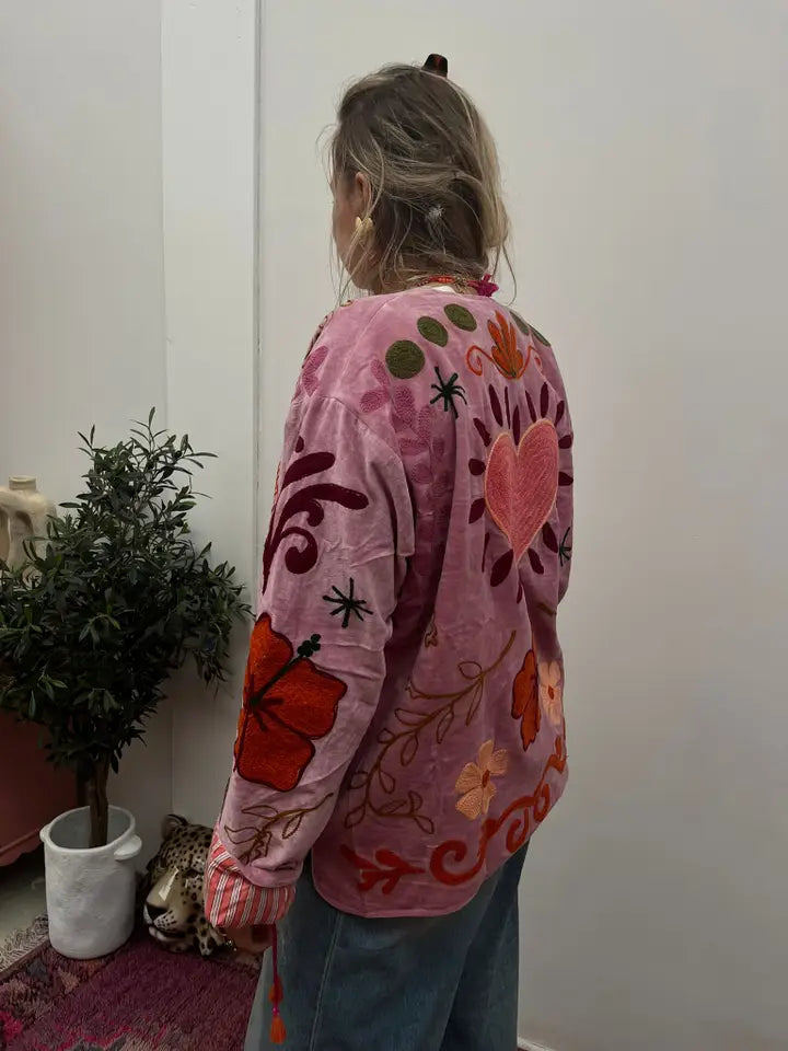 Pink embroidered jacket floral handmade coat