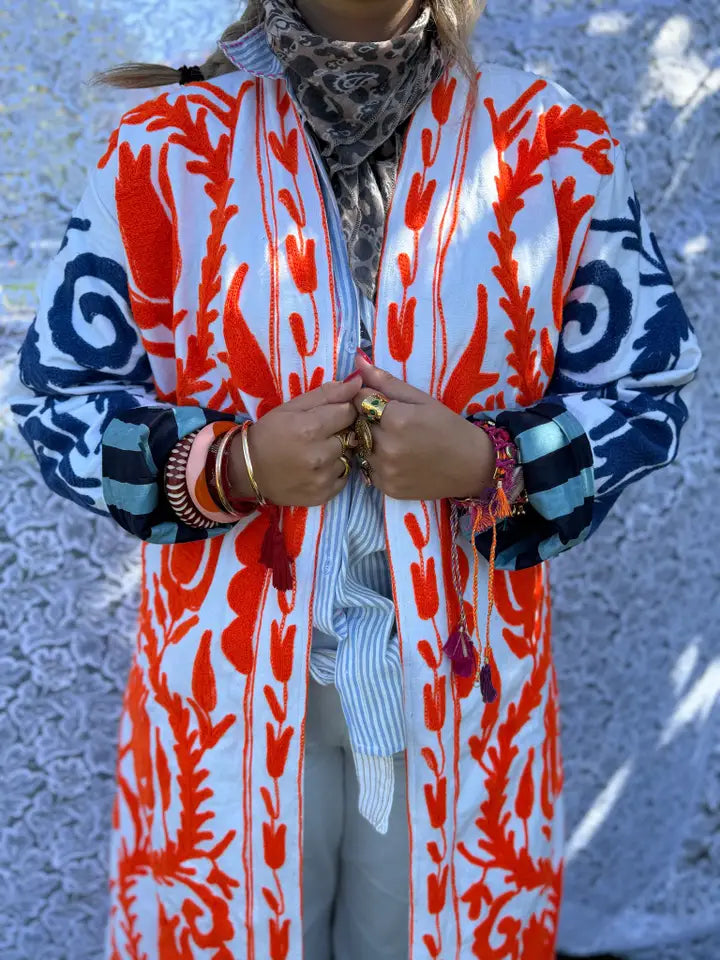 Long cotton embroidered kimono