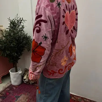 Pink embroidered jacket floral handmade coat