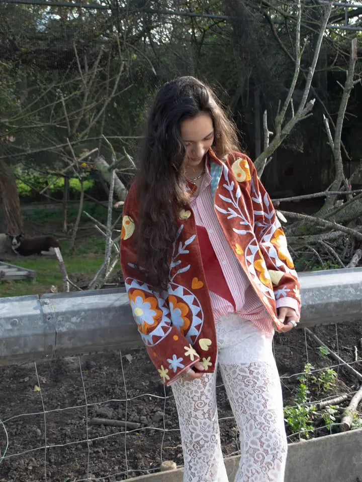 velvet embroidered floral jacket ying yang brick red