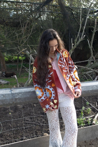 velvet embroidered floral jacket ying yang brick red