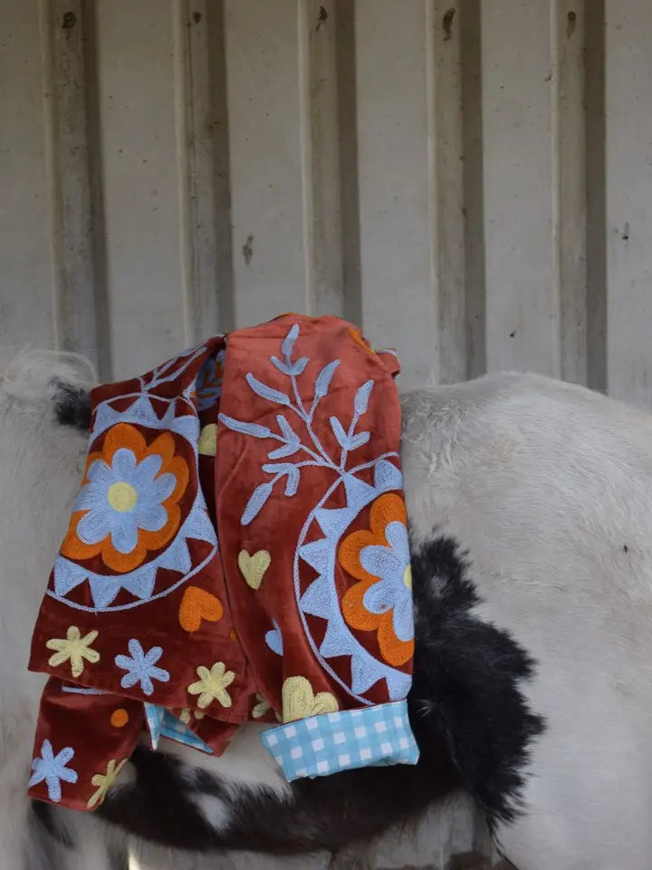 velvet embroidered floral jacket ying yang brick red