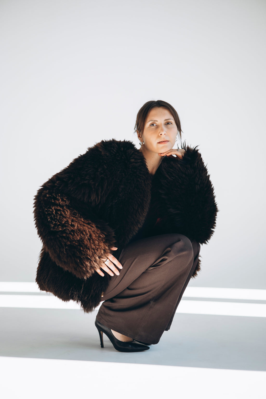 Sheepskin Fur / Coat with Burgundy Silk Lining - Brown