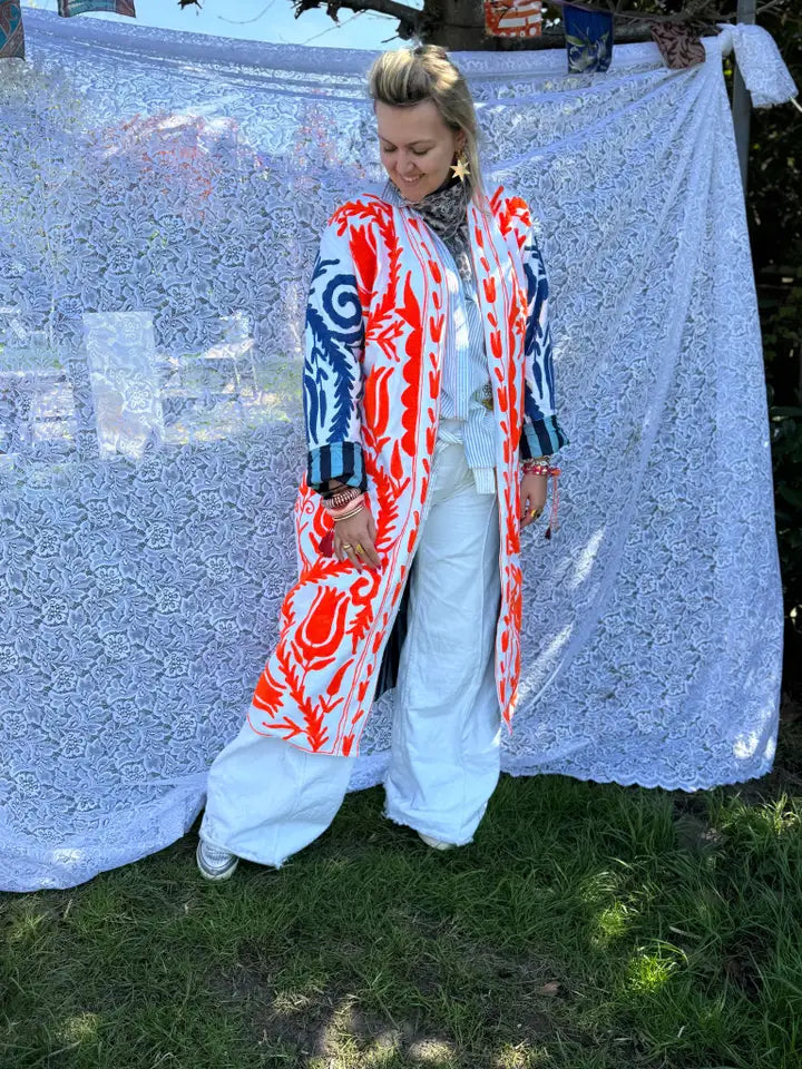 Long cotton embroidered kimono