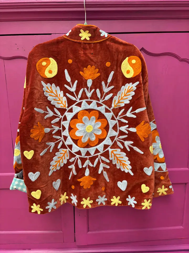 velvet embroidered floral jacket ying yang brick red
