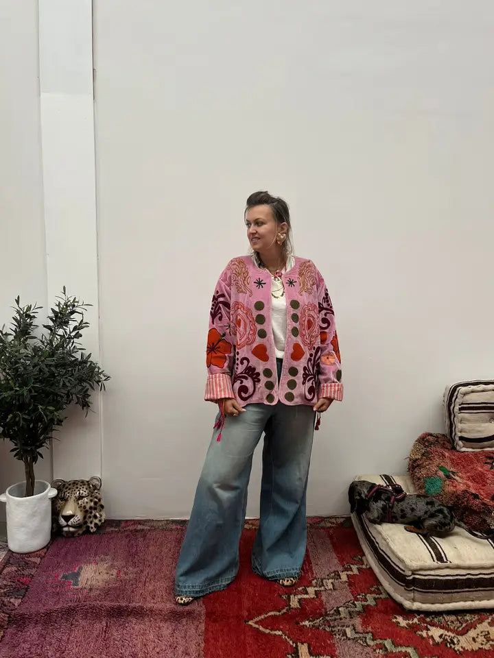 Pink embroidered jacket floral handmade coat