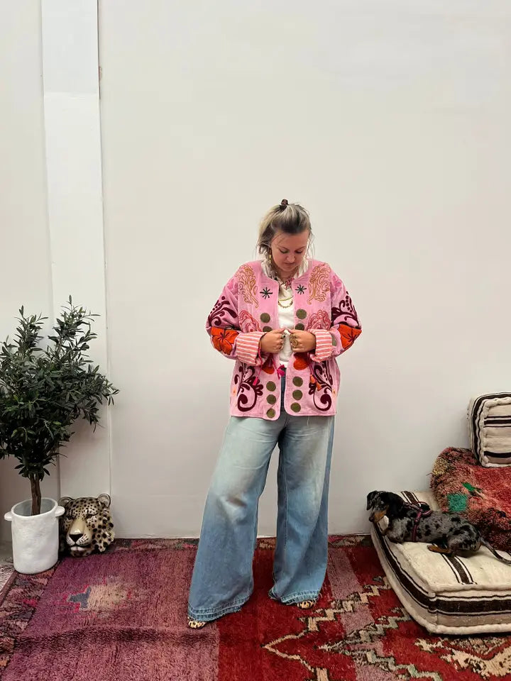 Pink embroidered jacket floral handmade coat