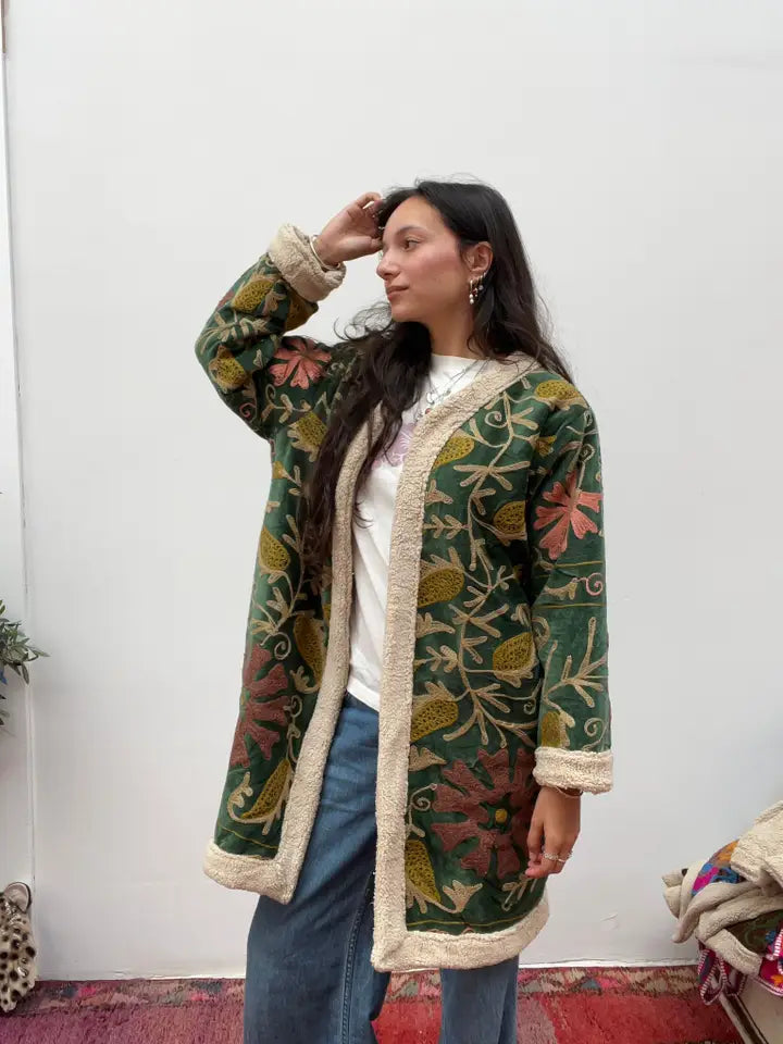 Velvet embroidered floral coat handmade with fur