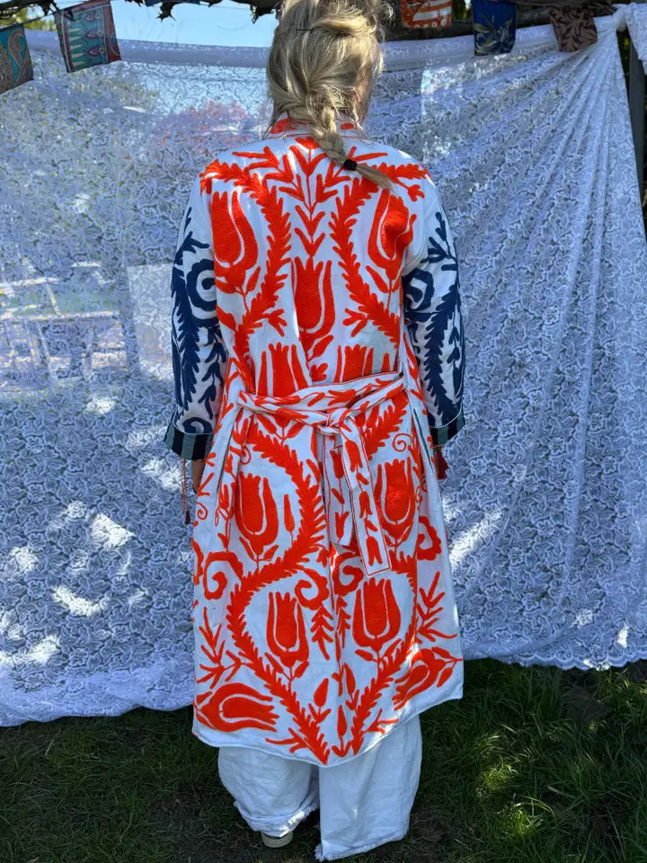 Long cotton embroidered kimono