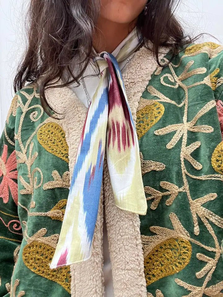 Velvet embroidered floral coat handmade with fur